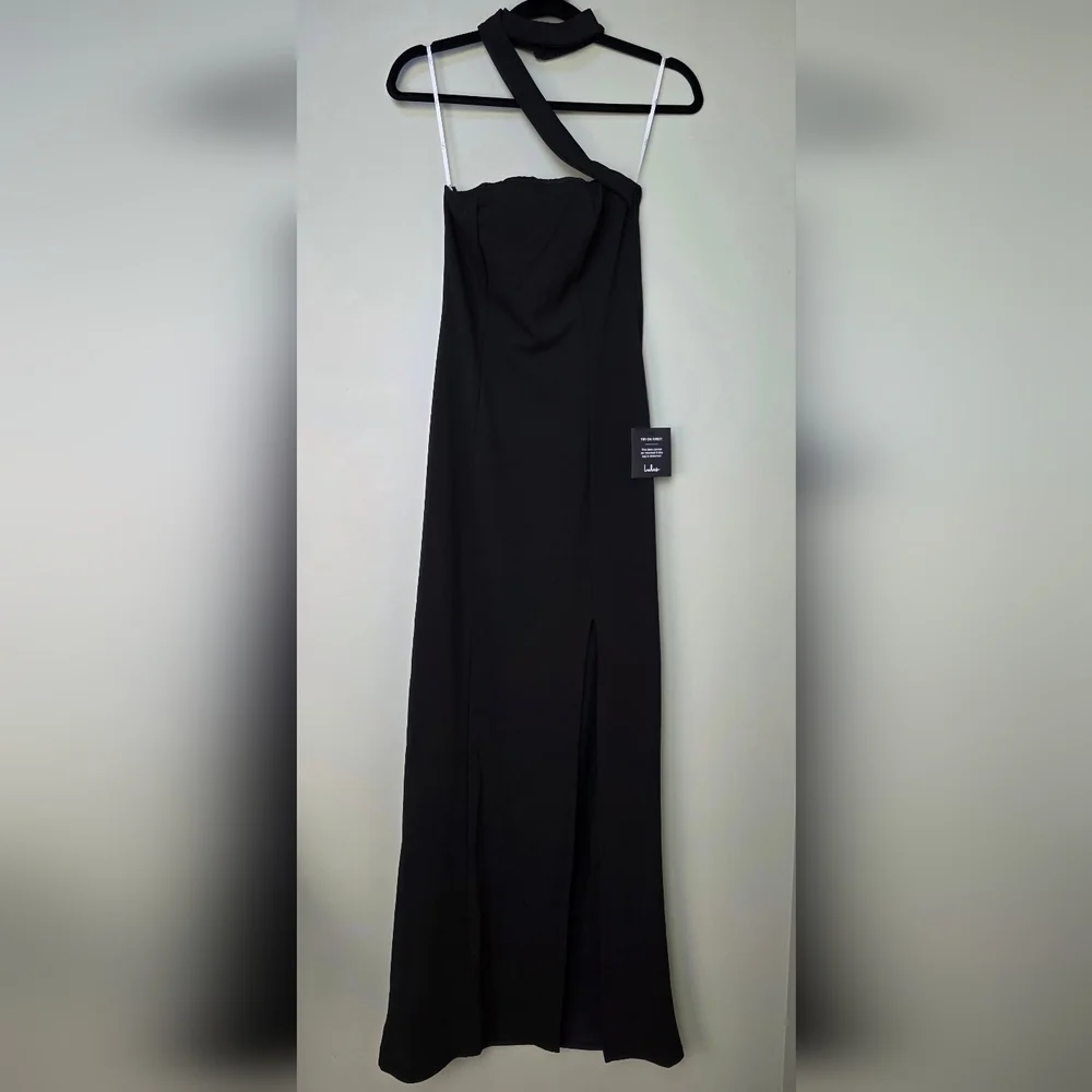 Lulus S Seraphina Black Asymmetrical Column Maxi Dress, Size S